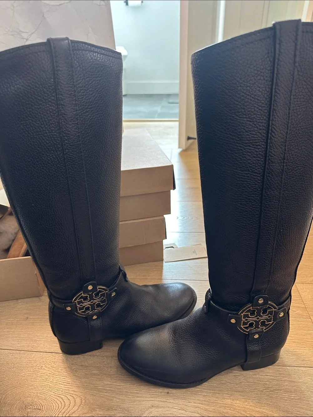 Tory Burch Black Tall Leather Logo-Embellished Riding Boots